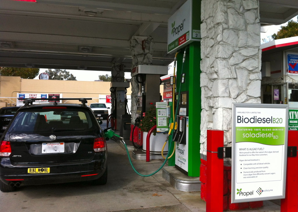 The author fills up her Volkswagen TDI with a diesel blend made from Solazyme's algae-based crude oil. Solazyme has partnered with the automaker to test their product on the road. 